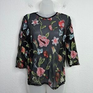 PIANO C Shirt Womens Large Black Sheer Floral Embroidered Fairygoth‎ Whimsigoth